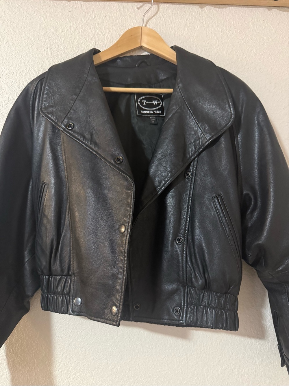 Tannery West Black Leather Cropped Bomber Jacket with Notched Collar